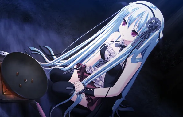 Picture night, stockings, plate, girl, blue hair, art, dinner, pan