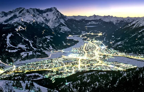 Winter, mountains, lights, Germany, valley, Bayern, Garmisch-Partenkirchen