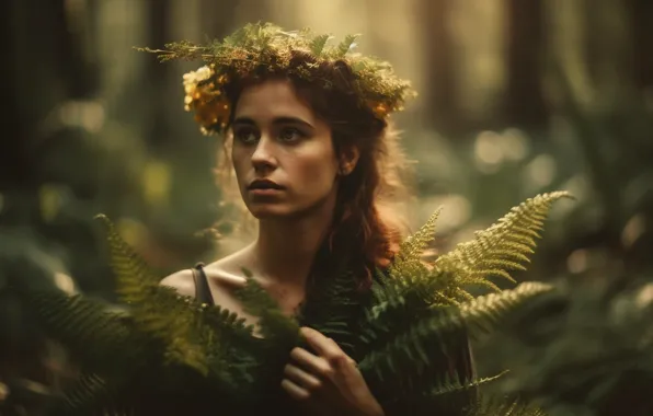 Forest, look, girl, nature, face, portrait, fern, shoulders