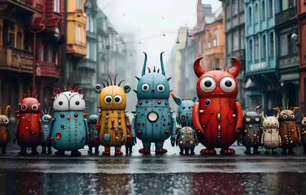 Road, the city, fantasy, rain, toys, building, home, robots