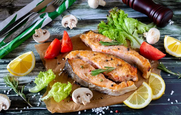 Greens, table, mushrooms, Board, food, fish, tomatoes, lemons