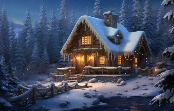 Winter, snow, night, lights, New Year, frost, Christmas, house