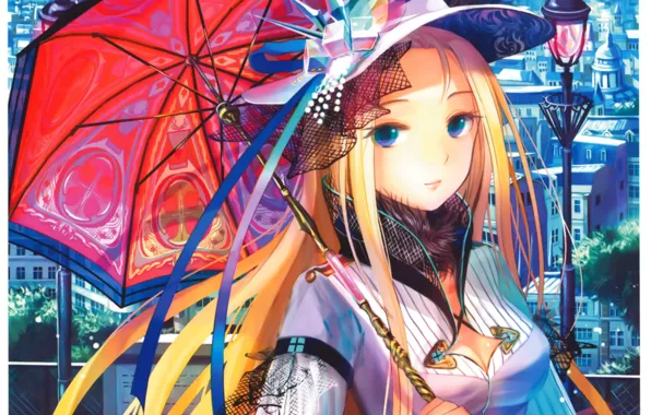 Home, umbrella, girl, lantern, hat, blue eyes, veil, art