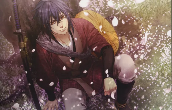 Katana, hat, petals, guy, sheath, demons pale cherry, hakuouki shinsengumi kitano, look up