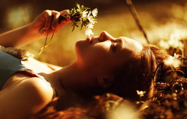 Girl, light, flowers, mood