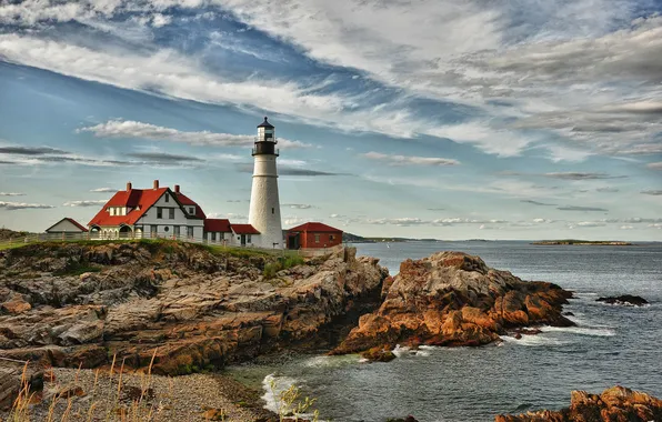 Sea, clouds, stones, coast, lighthouse