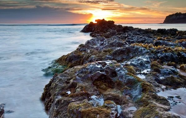 Sea, landscape, sunset, rocks