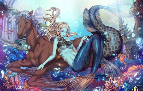Fish, bubbles, the city, horse, mermaid, being, corals, tail