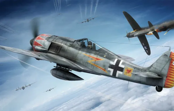 Fighter, war, art, painting, ww2, Focke Wulf Fw-190A-5/A-6