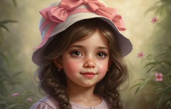 Portrait, girl, hat, painting, bow, curls, AI art, neural network