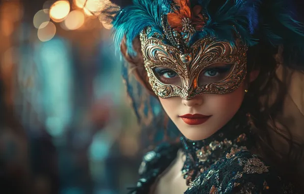 Look, girl, light, face, patterns, feathers, mask, fantasy