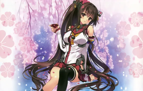 Sakura, Cup, long hair, art, anchor, Yamato, Lepestki, Kantai Collection