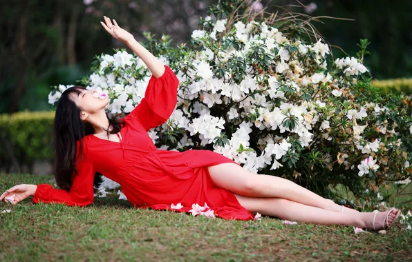 Picture flowers, pose, model, portrait, makeup, figure, dress, brunette