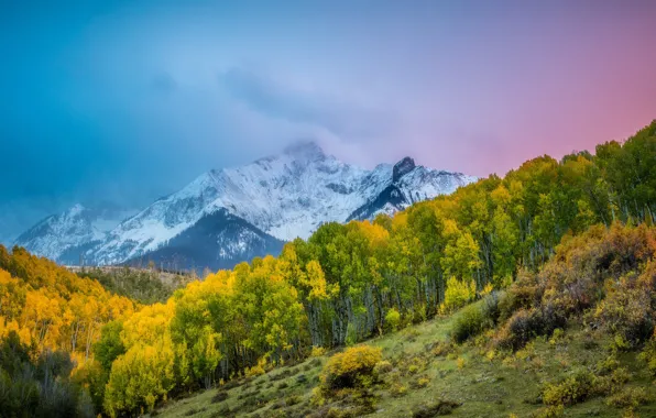 Autumn, forest, the sky, clouds, snow, mountains, lake, the slopes