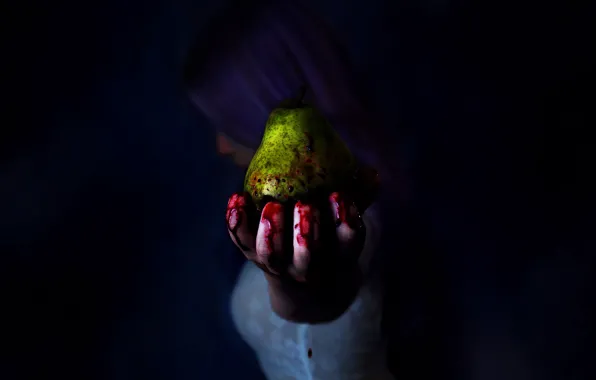 Girl, blood, hands, fingers, pear
