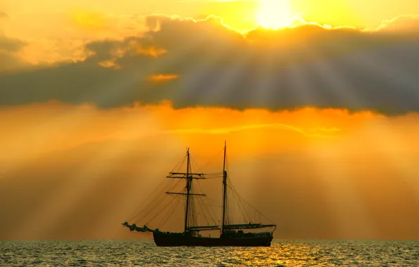 Sea, light, sunset, sailboat, the evening