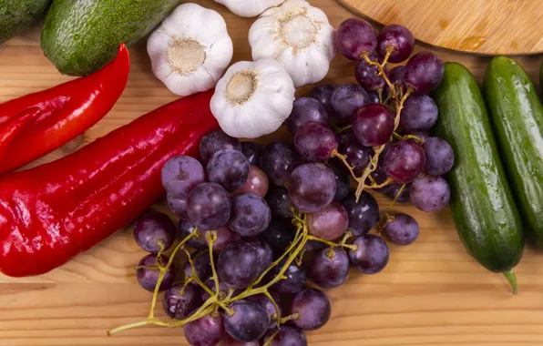 Grapes, pepper, cucumbers, garlic