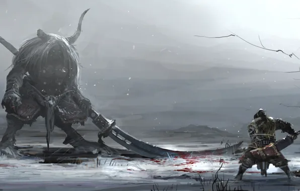 Picture winter, snow, weapons, blood, monster, warrior, art, horns