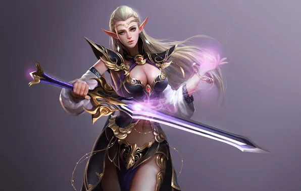 Girl, background, sword, fantasy, art, elf, ears