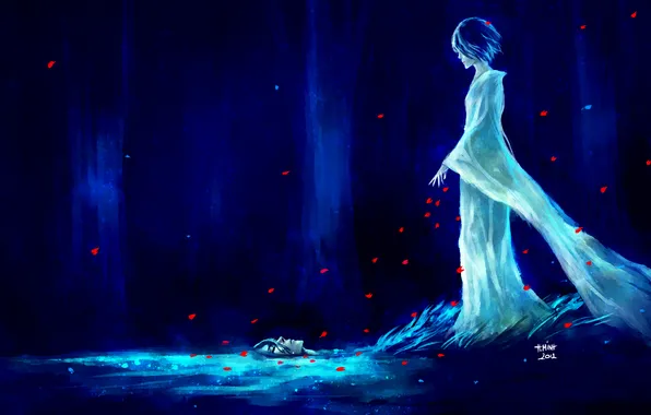 Picture water, girl, petals, art, guy, bleach, kuchiki byakuya, kuchiki rukia