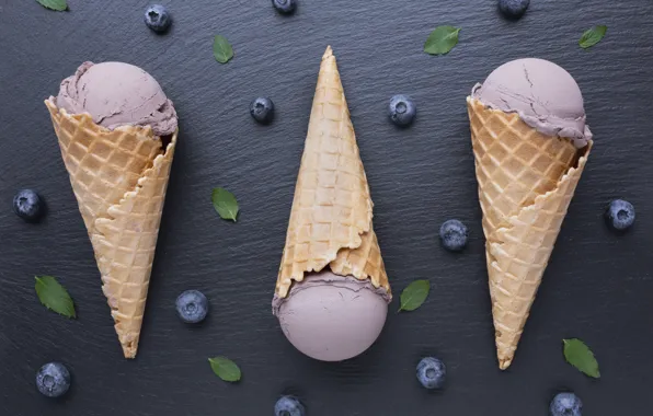 Blueberries, ice cream, horn, dessert, waffle