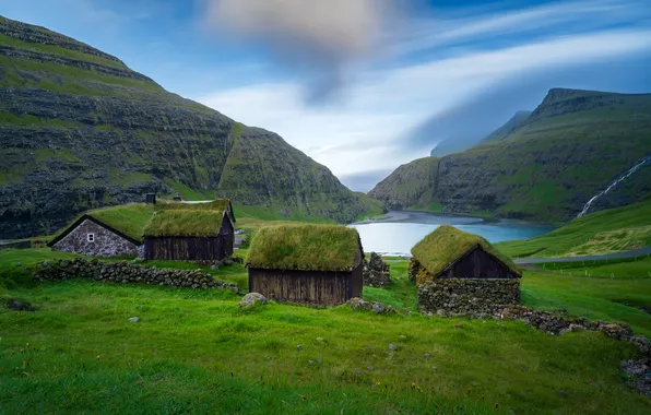 Sea, greens, field, summer, the sky, grass, clouds, mountains