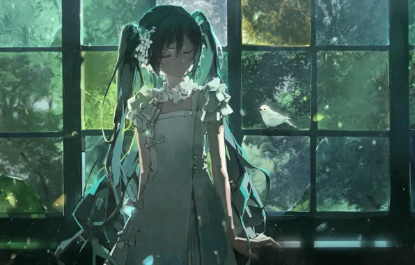 Bird, bows, vocaloid, Hatsune Miku, white dress, Vocaloid, window, Hatsune Miku