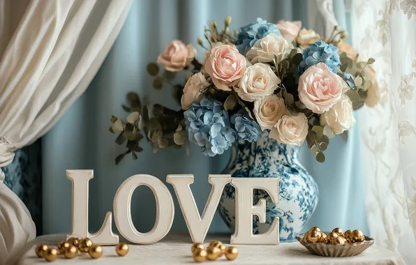 Love, flowers, the inscription, roses, bouquet, blue, shelf, vase