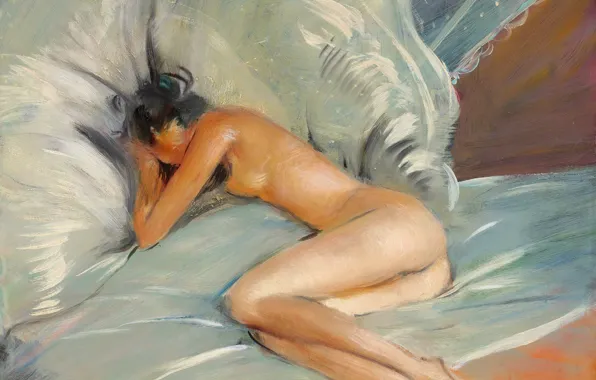 Picture ass, bed, silk, naked girl, Modern, Jean-Gabriel Domergue, Offended