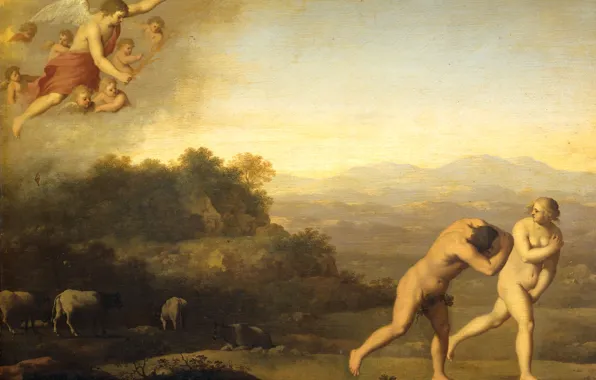 Tree, oil, picture, mythology, Cornelis van Poelenburg, The expulsion from Paradise
