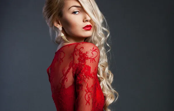 Picture look, girl, model, hair, makeup, lips, red dress, curls