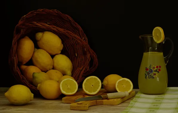 Table, knife, pitcher, fruit, black background, still life, basket, lemons