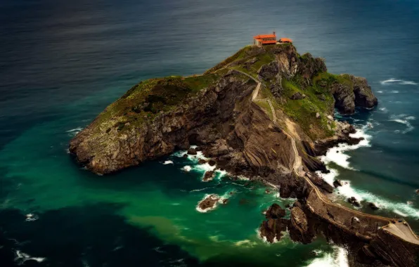 Road, sea, house, rocks, shore, lighthouse, ladder, surf
