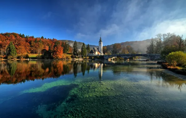 Autumn, trees, landscape, bridge, nature, lake, Church, Slovenia