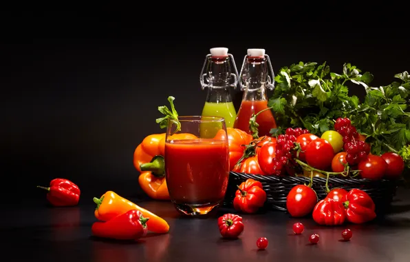 Picture greens, red, glass, berries, table, background, bottle, juice