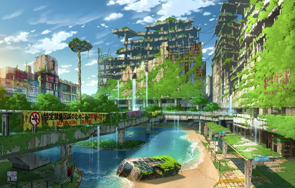Water, Japan, fantasy, Tokyo, bus, ruins