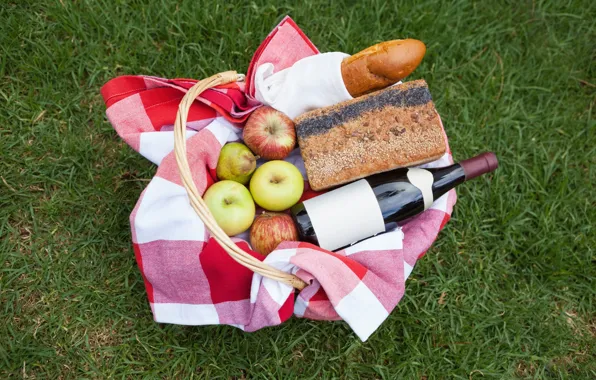 Picture grass, wine, basket, apples, bottle, bread, pear, fruit