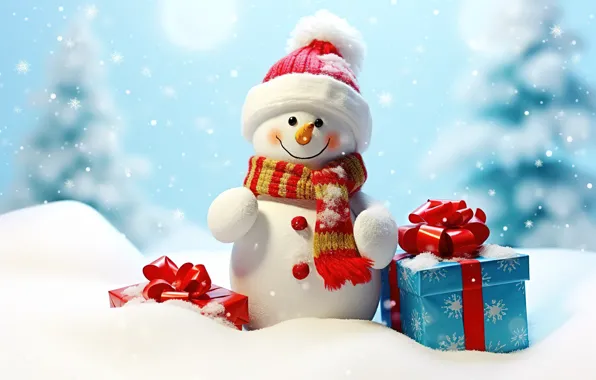 Winter, snow, snowflakes, New Year, Christmas, snowman, happy, Christmas