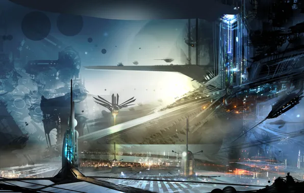 Picture building, ships, art, the city of the future