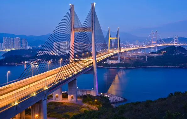 Picture lights, Hong Kong, the evening, twilight, the Tsing Ma bridge