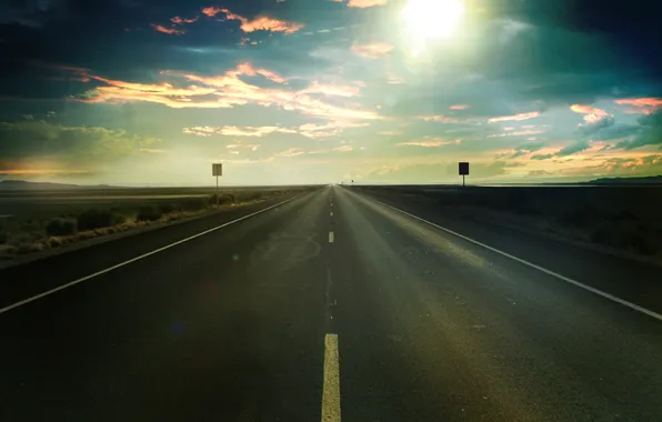 Road, field, the sky, the sun, rays, landscape, track, horizon
