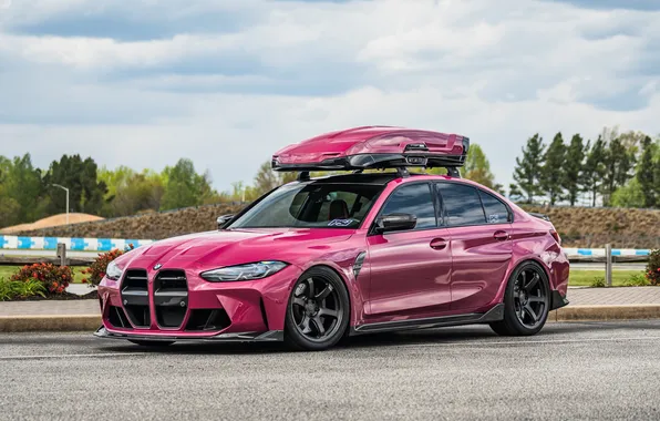 Picture BMW, Road, Trees, BMW M3, Pink, Stance