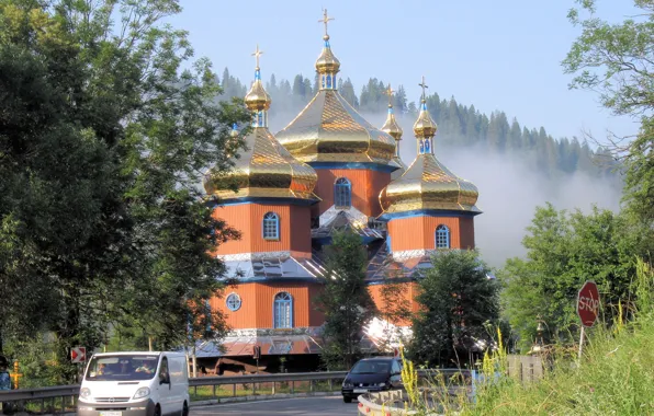 Picture road, mountains, Church