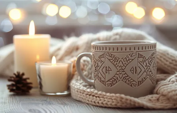 Lights, tea, candles, scarf, Christmas, mug, Cup, New year