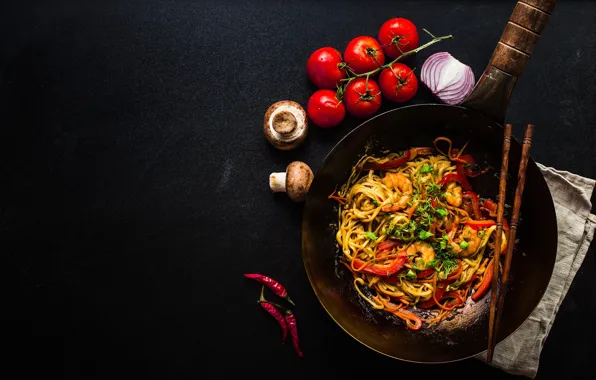 The dark background, mushrooms, food, bow, pepper, vegetables, tomatoes, spaghetti