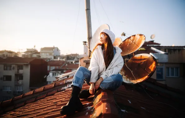 The sun, the city, pose, model, hat, portrait, home, jeans