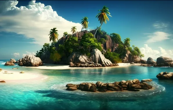 Picture wallpaper, picture, Sea, Island, Palm Trees, Illustrations, AI Art