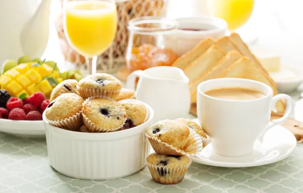 Picture coffee, Breakfast, juice, Cup, fruit, jam, cupcakes, toast