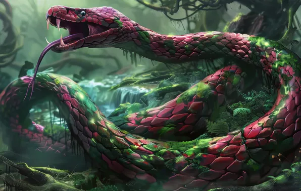 Language, Snake, Stream, Mouth, Fangs, Reptile, Animal, Digital art