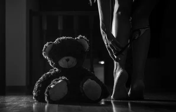 Girl, sexy, panties, b/W, bear, legs, photographer, teasing